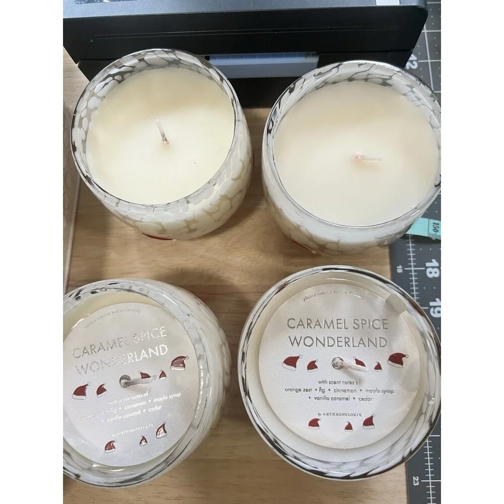 Anthropologie Icon Glass Candle white santa hat caramel spice wonderland winter